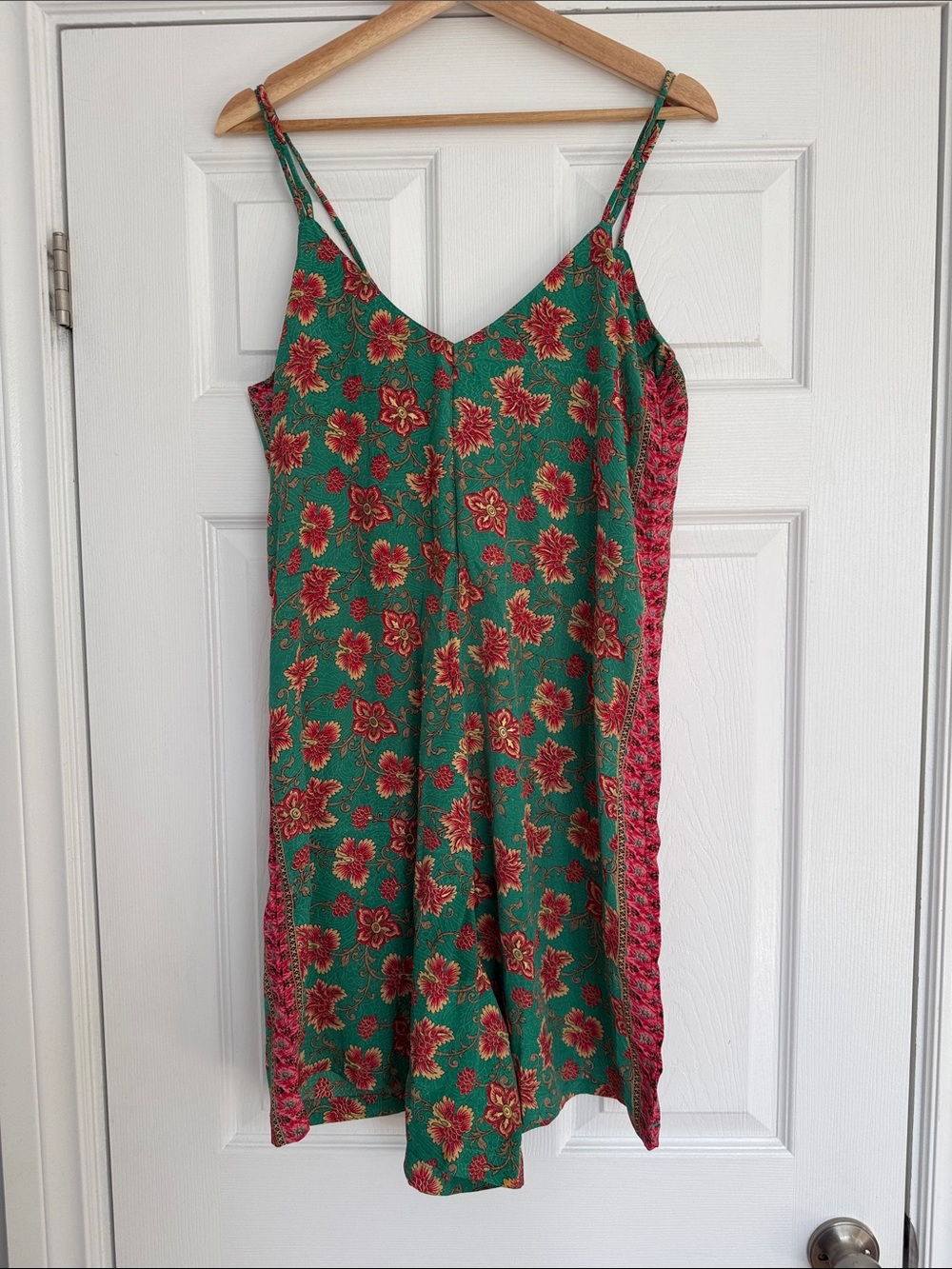 Green Floral Slip Romper with Red Floral Accents